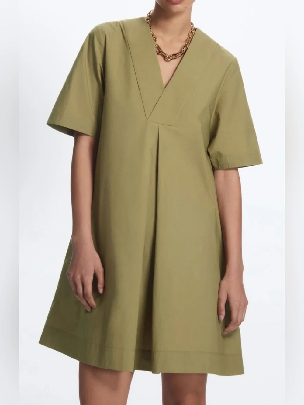 COS Olive Green Cotton V-Neck Short Sleeve Dress - Size 4